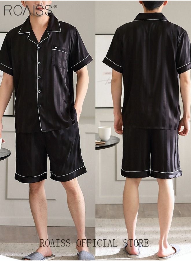 NIBEMINENT - 3-Piece Set Men's Short Sleeves Pajamas Pants Trousers Sleepwear Sets Satin Grid Printing Silk Nightgown Male Loose Shirts Spring Summer Loungewear Home Clothes - Image 1
