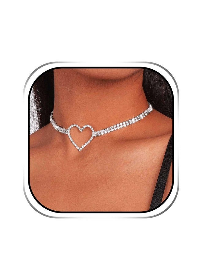 EARENT Rhinestone Choker Necklaces Silver Heart Necklace Chain Sparkly Tennis Chain Neck Jewerly Adjustable For Women - Image 1