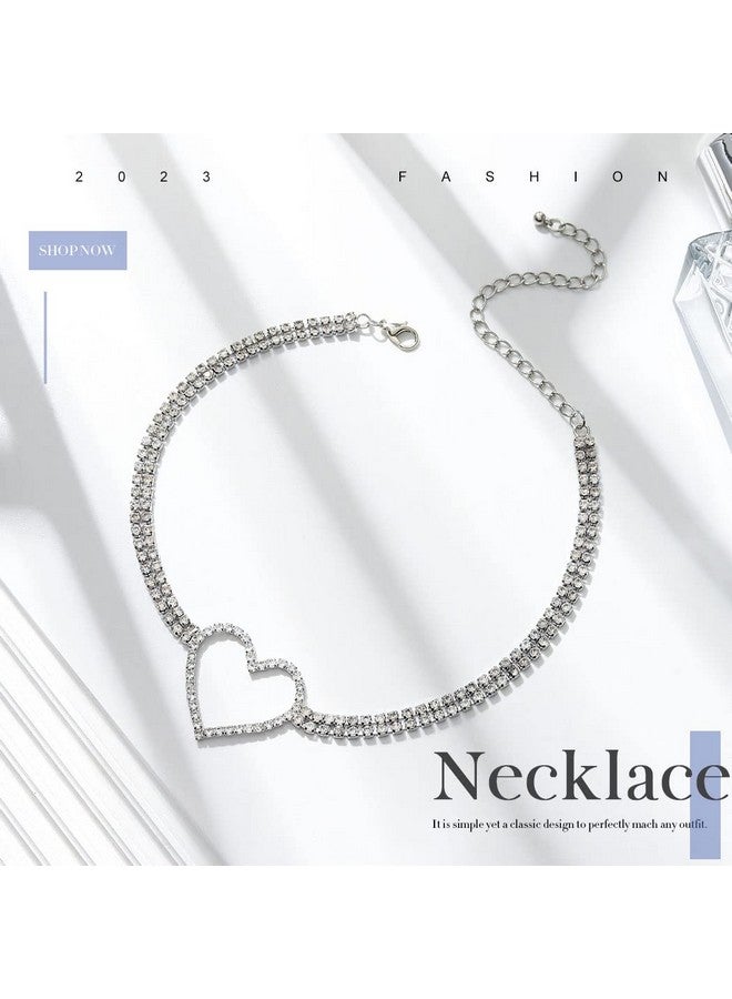 EARENT Rhinestone Choker Necklaces Silver Heart Necklace Chain Sparkly Tennis Chain Neck Jewerly Adjustable For Women - Image 2