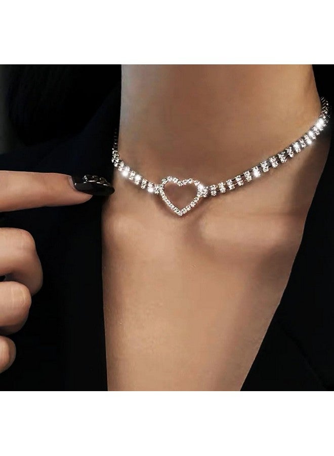 EARENT Rhinestone Choker Necklaces Silver Heart Necklace Chain Sparkly Tennis Chain Neck Jewerly Adjustable For Women - Image 3