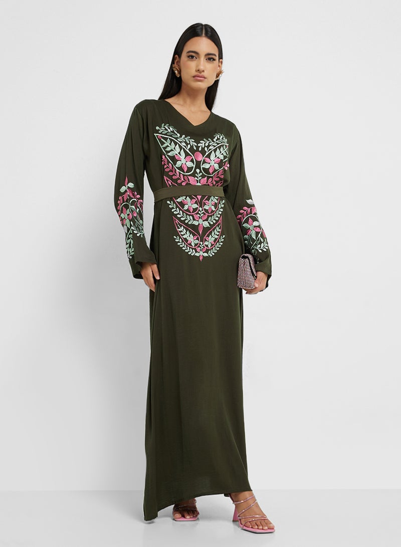 hayas closet Straight Sleeve v Neck Embroidered  Abaya - Image 1
