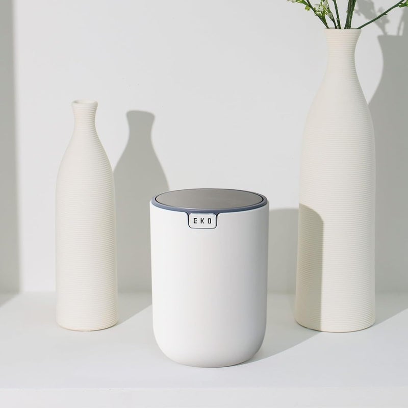 EKO Mini Desk Trash Can with Swing-Top Lid 0.4 Gallon Small Table Round Wastebasket for Office, Home, Car (White) - Image 4