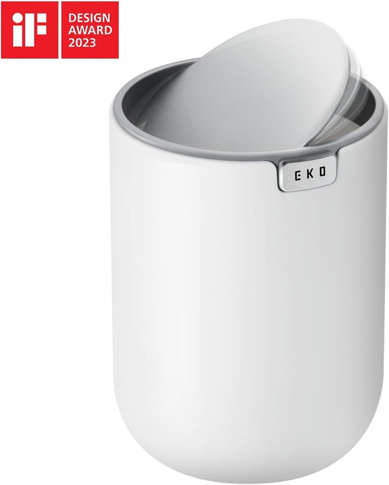EKO Mini Desk Trash Can with Swing-Top Lid 0.4 Gallon Small Table Round Wastebasket for Office, Home, Car (White) - Image 2