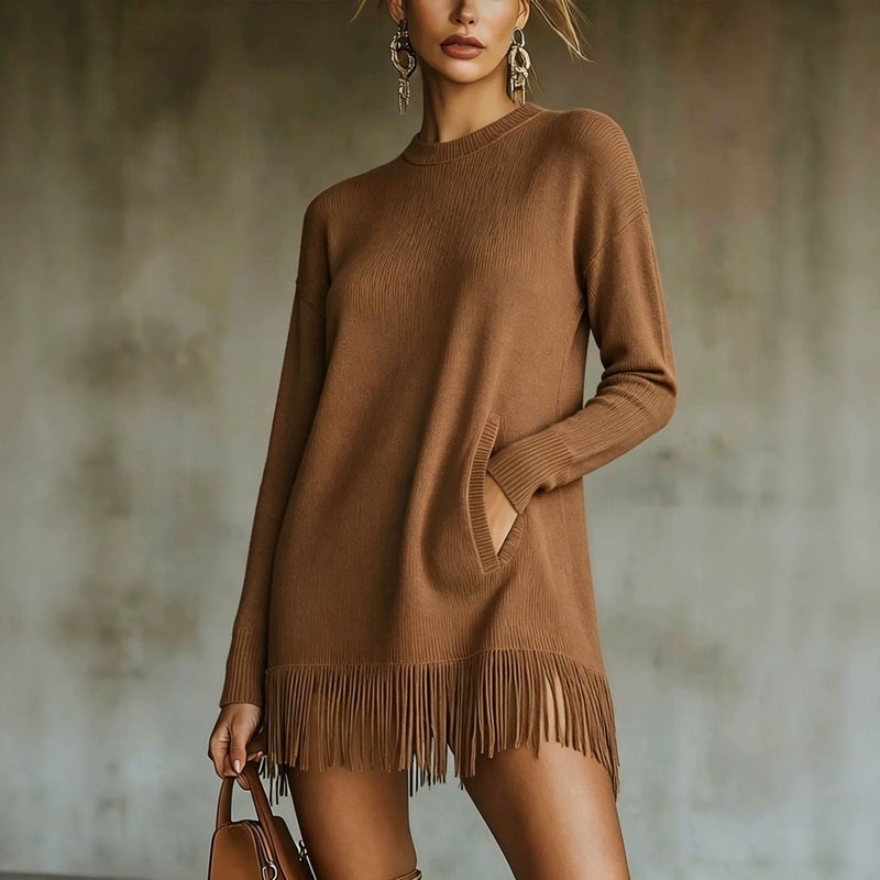 Women's Long-Sleeve Fringe Knitted Sweater Dress, Loose Fit, Solid Color, with Pockets, Pullover - Image 2