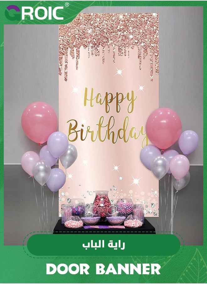 GROIC - Pink Rose Gold Happy Birthday Door Banner Decorations, Happy Birthday Door Cover Backdrop Party Supplies for Women, Large Birthday Poster Sign Decor,Party Supplies - Image 1