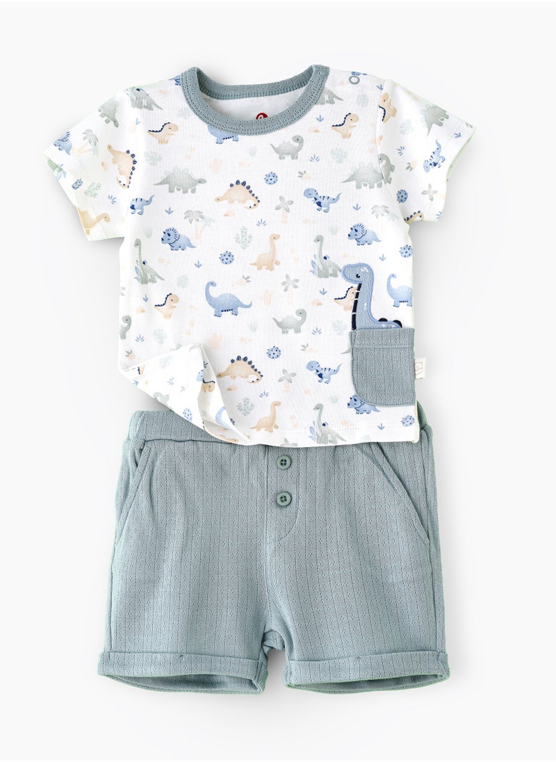 Elegant Kids Boys' Dinosaur Print Cotton T-Shirt & Textured Green Shorts Set  - Image 1