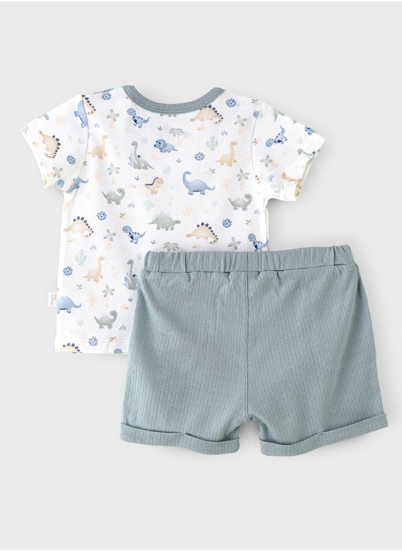 Elegant Kids Boys' Dinosaur Print Cotton T-Shirt & Textured Green Shorts Set  - Image 2
