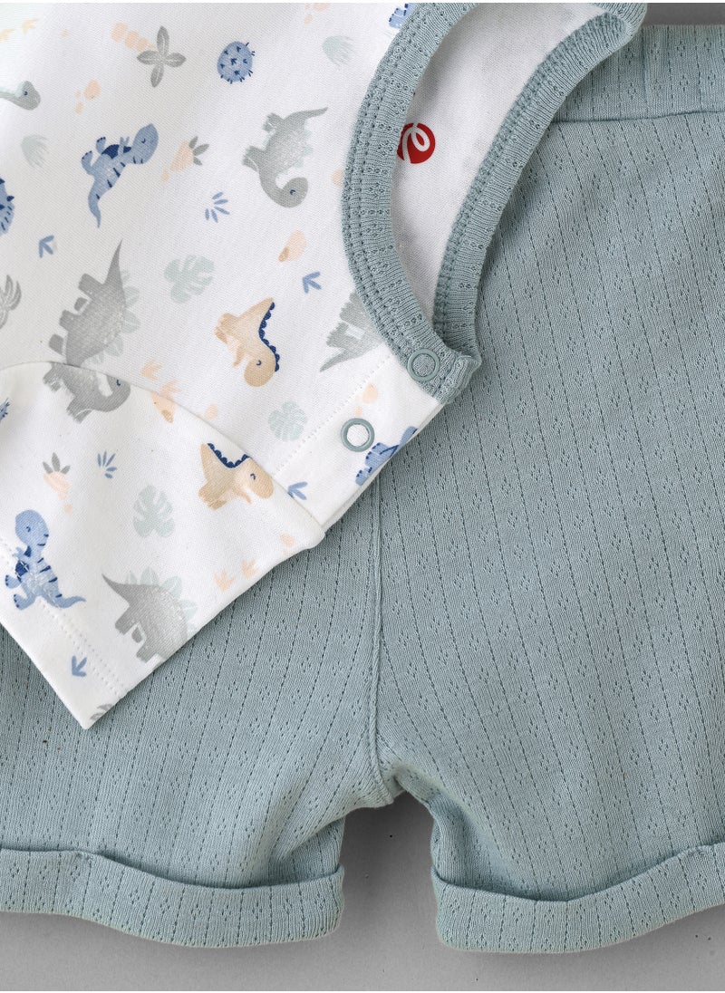 Elegant Kids Boys' Dinosaur Print Cotton T-Shirt & Textured Green Shorts Set  - Image 3