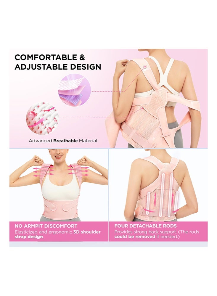 حزام دعم الظهر ومصحح وضعية قابل للتعديل للنساء والرجال، لتقويم الظهر والجنف والحداب، مدرب دعم العمود الفقري وتخفيف آلام الظهر - وردي - Image 3