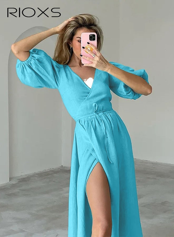 RIOXS Women's Casual Dress, Trendy Cross V-neck Skirt for Women, Shutter Pleat Knee-Length Wrap Dress, Puff Short Sleeve Tired Short Dress, Flowy Swing Summer Dresses, Soild Color Lady's Dresses, Casual Belted Dress for Vacation, Beach Flowy Dress, Sky Blue Flowy Dresses for Ladies - Image 1