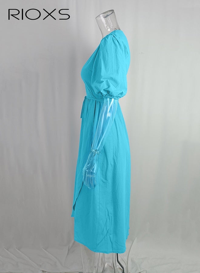RIOXS Women's Casual Dress, Trendy Cross V-neck Skirt for Women, Shutter Pleat Knee-Length Wrap Dress, Puff Short Sleeve Tired Short Dress, Flowy Swing Summer Dresses, Soild Color Lady's Dresses, Casual Belted Dress for Vacation, Beach Flowy Dress, Sky Blue Flowy Dresses for Ladies - Image 3