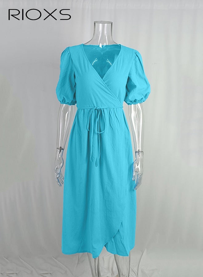 RIOXS Women's Casual Dress, Trendy Cross V-neck Skirt for Women, Shutter Pleat Knee-Length Wrap Dress, Puff Short Sleeve Tired Short Dress, Flowy Swing Summer Dresses, Soild Color Lady's Dresses, Casual Belted Dress for Vacation, Beach Flowy Dress, Sky Blue Flowy Dresses for Ladies - Image 5