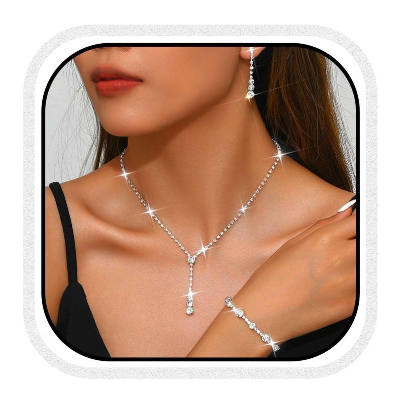 Unicra Bride Silver Bridal Necklace Earrings Set Rhinestone Wedding Jewelry Set Prom Formal CostumeJewelry for Women and Brides (E 3 Pack Silver Necklace Bracelet Earrings) - Image 1