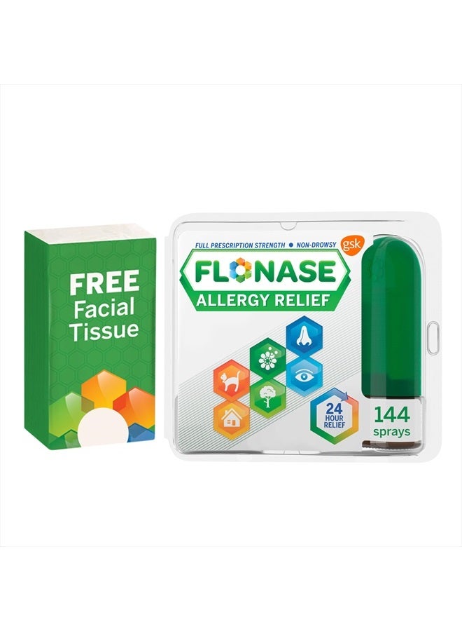 FLONASE Allergy Relief Nasal Spray, 24-Hour Non-Drowsy Multi-Symptom Relief – 144 Sprays, Bonus Pack of Tissues - Image 1
