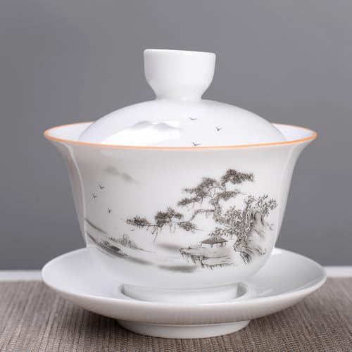 Woonsoon Jingdezhen Chinese Porcelain Gaiwan Handmade 7oz/200ml Kungfu Teacup White Glazed Tureen Chinese Sancai Cover Bowl Lip Cup Saucer Set Traditional Teaware Tea Set (Scenery) - Image 3
