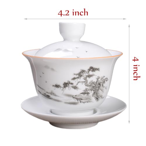 Woonsoon Jingdezhen Chinese Porcelain Gaiwan Handmade 7oz/200ml Kungfu Teacup White Glazed Tureen Chinese Sancai Cover Bowl Lip Cup Saucer Set Traditional Teaware Tea Set (Scenery) - Image 4