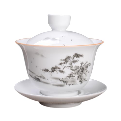 Woonsoon Jingdezhen Chinese Porcelain Gaiwan Handmade 7oz/200ml Kungfu Teacup White Glazed Tureen Chinese Sancai Cover Bowl Lip Cup Saucer Set Traditional Teaware Tea Set (Scenery) - Image 1