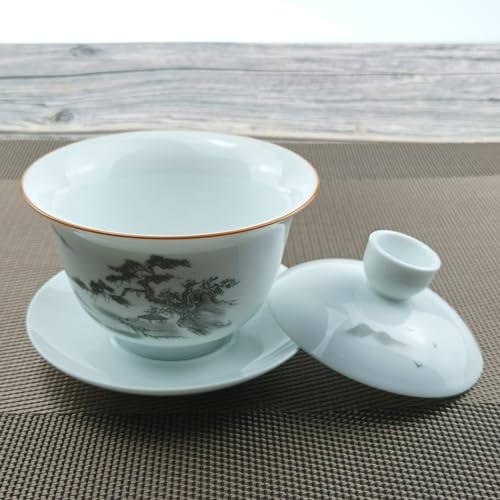 Woonsoon Jingdezhen Chinese Porcelain Gaiwan Handmade 7oz/200ml Kungfu Teacup White Glazed Tureen Chinese Sancai Cover Bowl Lip Cup Saucer Set Traditional Teaware Tea Set (Scenery) - Image 5