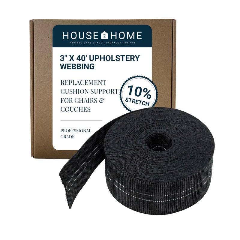 House2Home Webbing for Lawn Chairs and Furniture Upholstery Webbing to Repair Couch Supports for Sagging Cushions 3 Inch Wide by 40 Foot Roll 10 Stretch Elastic Chair Webbing Replacement