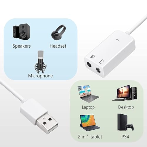 PremiumAV USB External Sound Card Adapter – 7.1 Channel Audio Interface with Mic & Headphone Ports, Plug & Play USB to 3.5mm Converter for Windows, Linux, Mac, Laptop, PC (White) - Image 2
