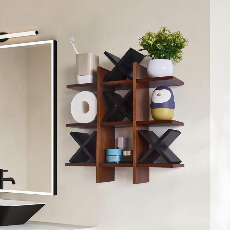 DAOYOUSKY Tic Tac Toe Toilet Paper Holder Stand with 4pcs Wooden X, Farmhouse Rustic Wall Mounted Funny Toilet Papers Storage Organizer with Shelf, Guest Bathroom Decor, Brown and Black - Image 4