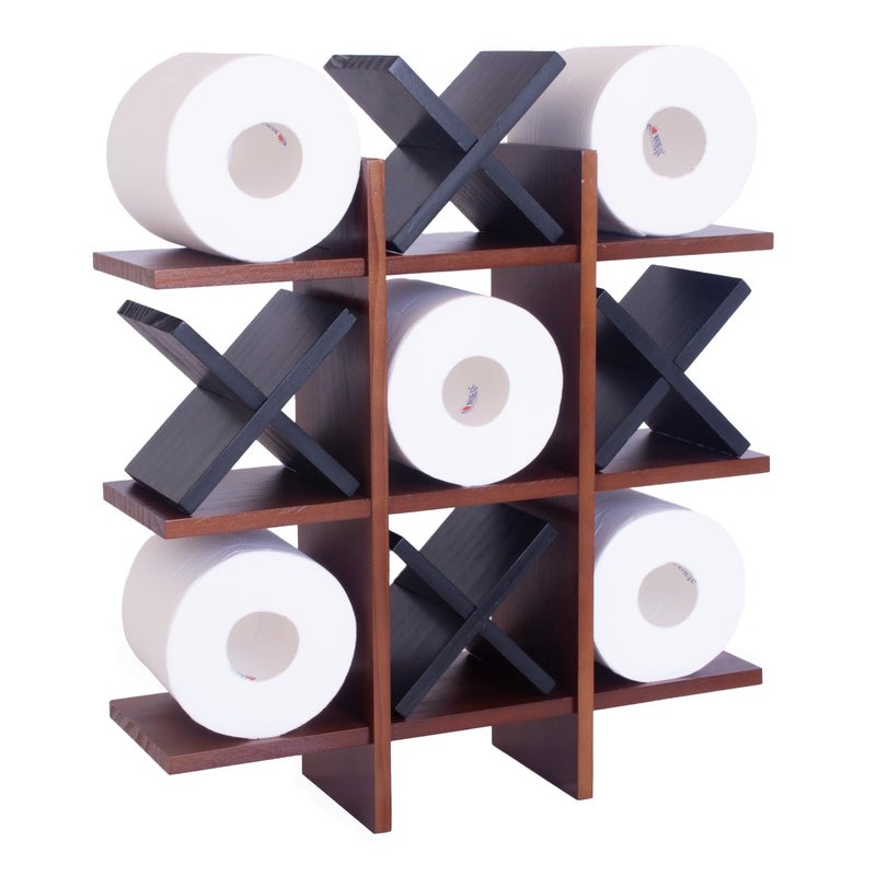 DAOYOUSKY Tic Tac Toe Toilet Paper Holder Stand with 4pcs Wooden X, Farmhouse Rustic Wall Mounted Funny Toilet Papers Storage Organizer with Shelf, Guest Bathroom Decor, Brown and Black - Image 1