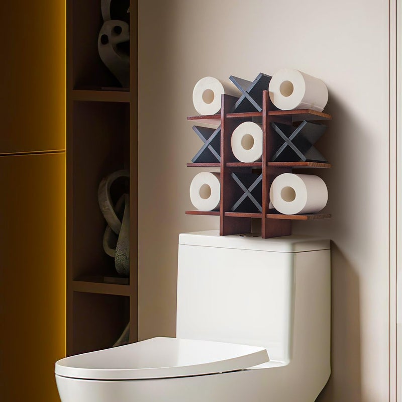 DAOYOUSKY Tic Tac Toe Toilet Paper Holder Stand with 4pcs Wooden X, Farmhouse Rustic Wall Mounted Funny Toilet Papers Storage Organizer with Shelf, Guest Bathroom Decor, Brown and Black - Image 3