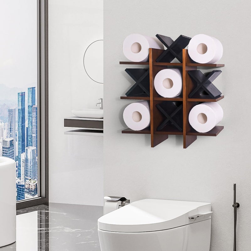 DAOYOUSKY Tic Tac Toe Toilet Paper Holder Stand with 4pcs Wooden X, Farmhouse Rustic Wall Mounted Funny Toilet Papers Storage Organizer with Shelf, Guest Bathroom Decor, Brown and Black - Image 2