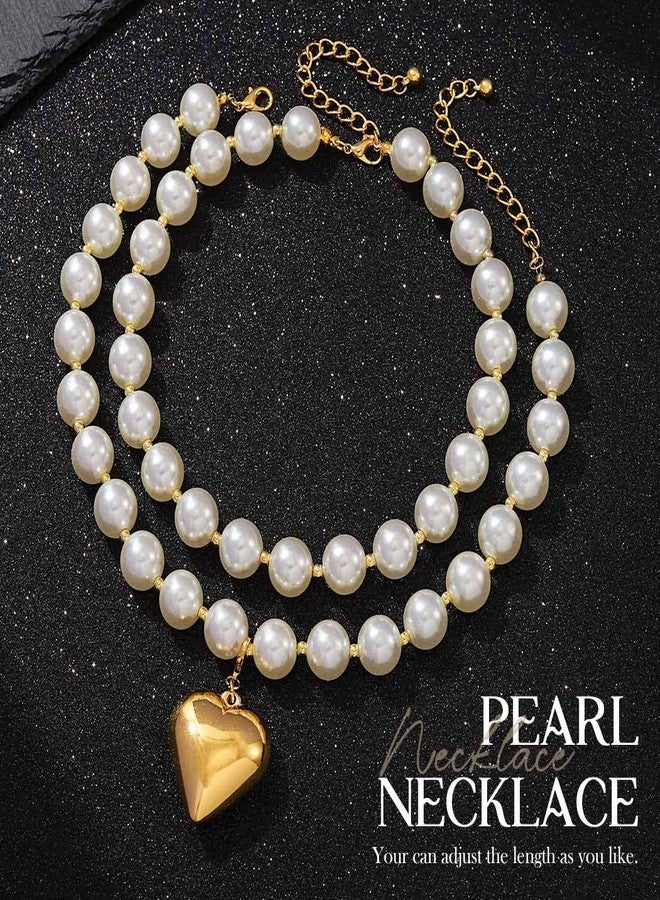 CLOACE Pearl Necklaces Gold Heart Layered Necklace Chunky Beads Choker Necklaces Jewelry for Women - Image 2