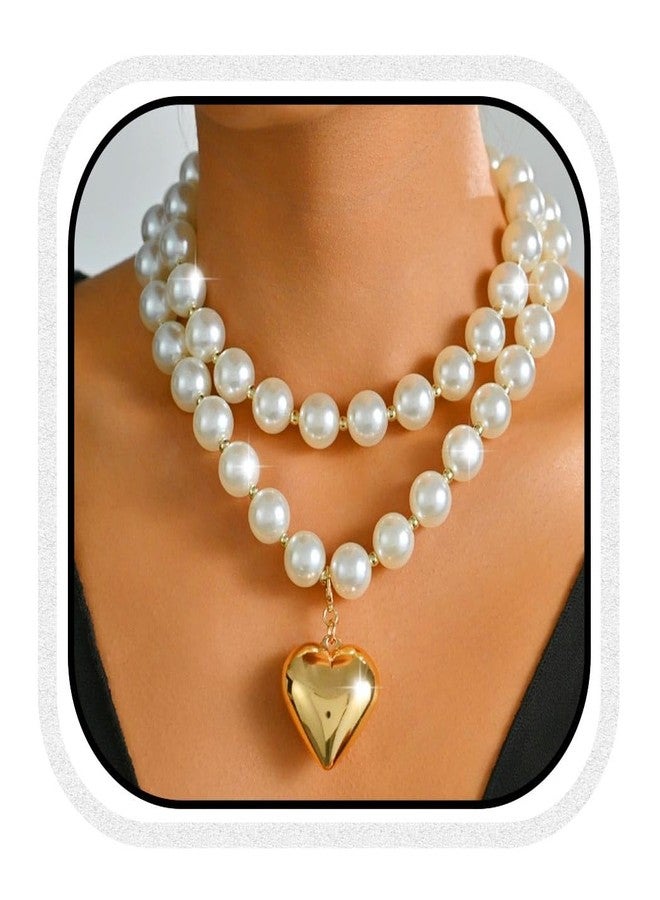 CLOACE Pearl Necklaces Gold Heart Layered Necklace Chunky Beads Choker Necklaces Jewelry for Women - Image 1