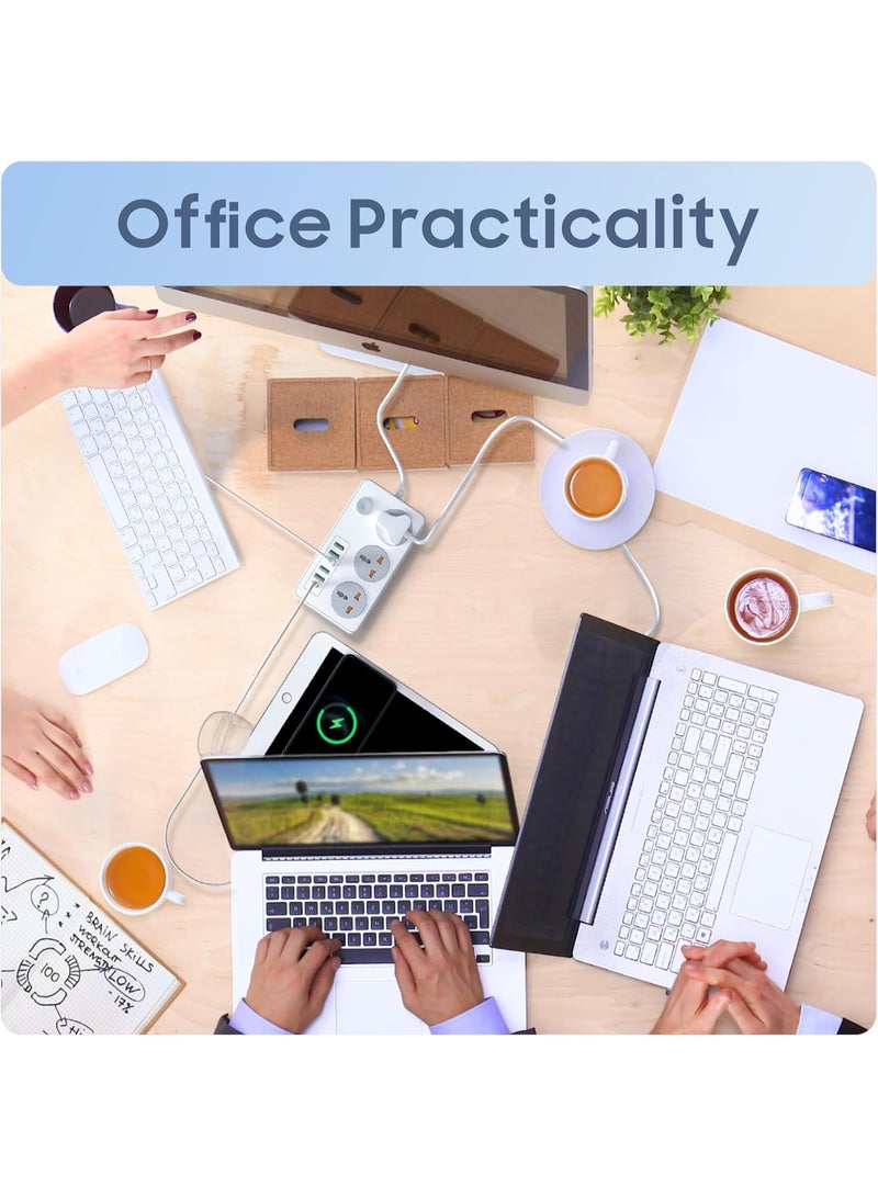 Baytion Extension Lead with UK Plug 3 Pin Socket Outlet with 3 Gang | 5 USB Port | 1 Type-C Port, 2M Electric Socket Mains Strip for Home and Office (White) - Image 1