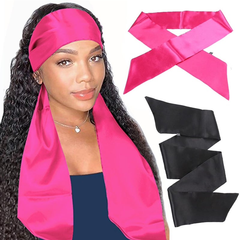 XTREND 2Pcs Satin Edge Scarves for Wig 58 Inch Womens Laying Scarf for Lace Wig Non Slip Hair Wrap Wigs Grip Band for Yoga Makeup Facial Sport 1pc Pink1pc Black