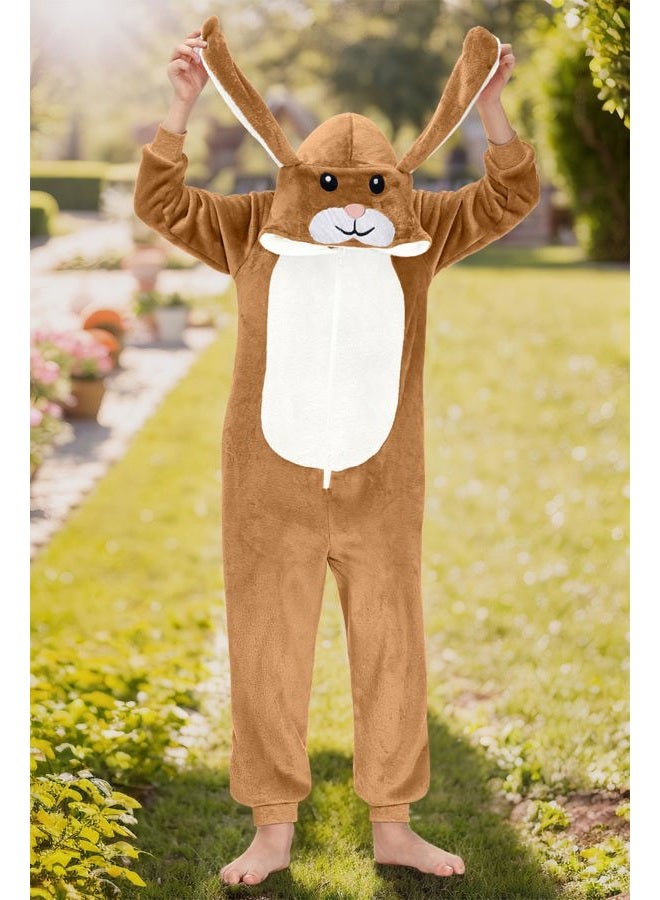 BesserBay Child Halloween Bunny Rabbit One Piece Hooded Onesie Soft Fleece Sherpa Jumpsuits Brown 10 Years - Image 2