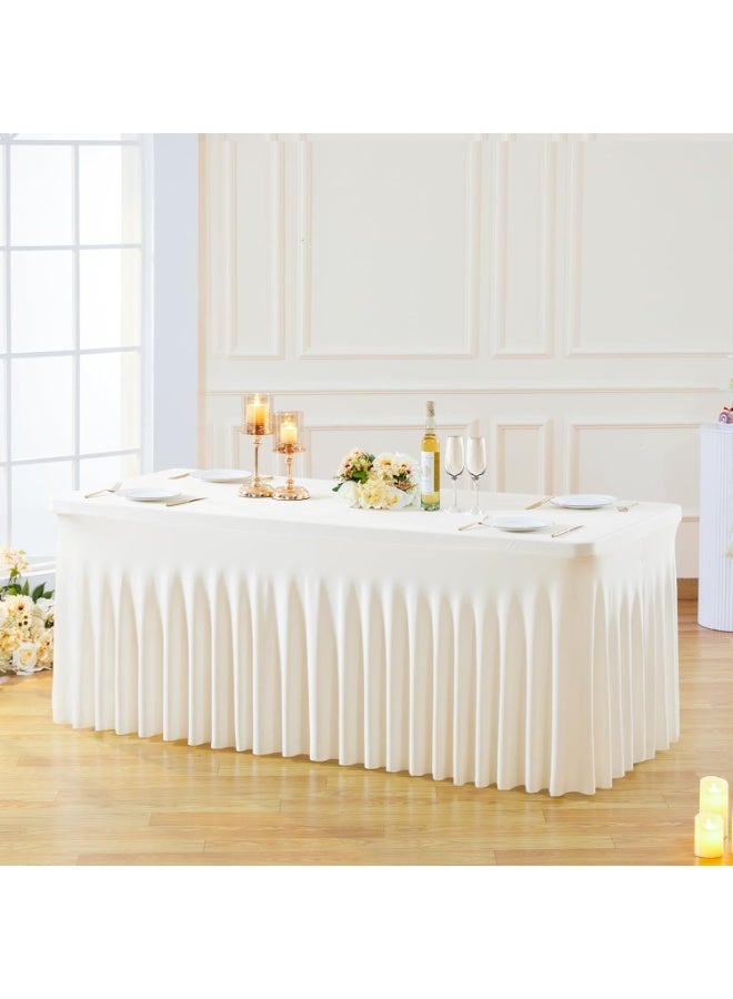 Ivory Rectangle Tablecloth 6ft x 30in Spandex Wrinkle-Resistant Ruffled Table Skirt Perfect for Banquets, Weddings, Parties - Image 1