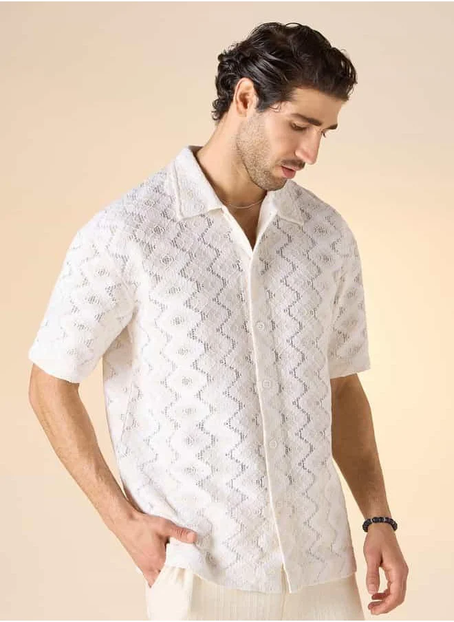 Iconic Iconic Relaxed Fit Textured Shirt with Collar and Short Sleeves