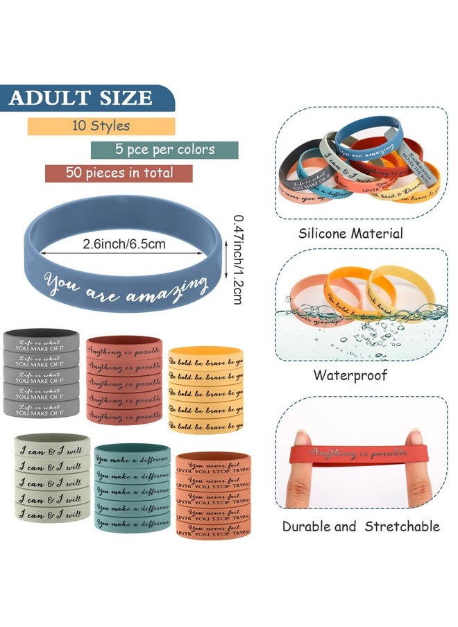 Sieral - 50 Pcs Inspirational Wristbands Motivational Bracelets Rubber Bracelets Thank You Gifts Bulk For Kids Students Women Men Stretch Quote Silicone Bracelets(Bright Colors Teens Size) - Image 1