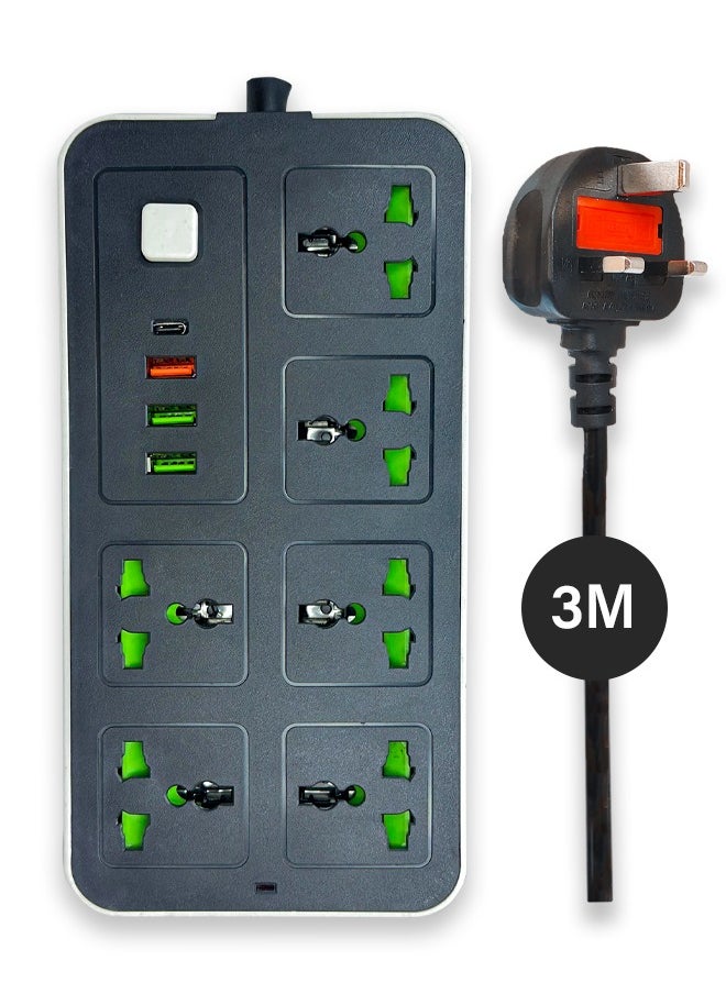 انفلكس سلك تمديد INFLUX 6-Outlet 3M مع منافذ USB ونوع C، وواقي زيادة التيار ومحول متعدد المقابس، وكابل تمديد الطاقة، ومحور USB مع قابس ذكي، ومقبس، ومفتاح مثالي للألعاب مع قابس منصهر 13 أمبير  - Image 2