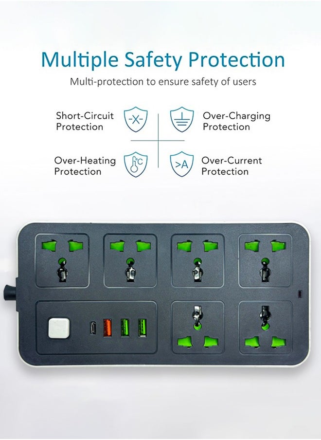 انفلكس سلك تمديد INFLUX 6-Outlet 3M مع منافذ USB ونوع C، وواقي زيادة التيار ومحول متعدد المقابس، وكابل تمديد الطاقة، ومحور USB مع قابس ذكي، ومقبس، ومفتاح مثالي للألعاب مع قابس منصهر 13 أمبير  - Image 4