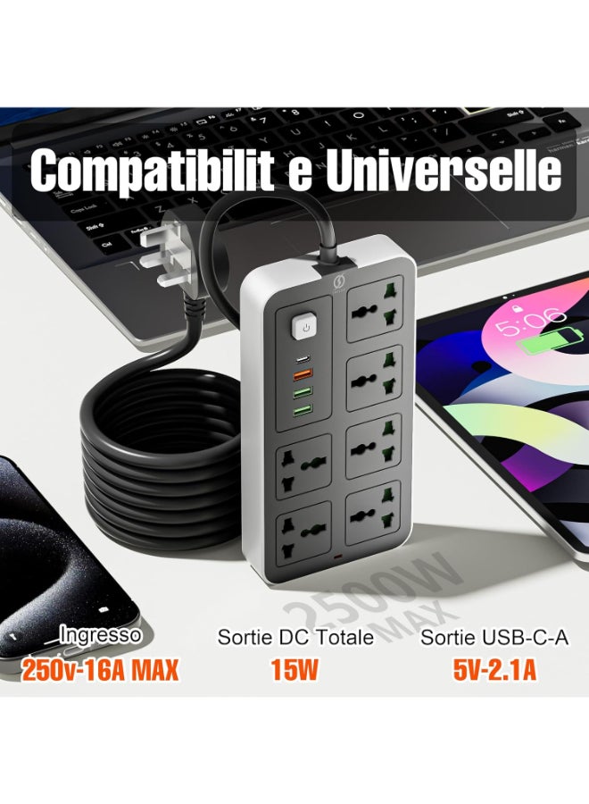 انفلكس سلك تمديد INFLUX 6-Outlet 3M مع منافذ USB ونوع C، وواقي زيادة التيار ومحول متعدد المقابس، وكابل تمديد الطاقة، ومحور USB مع قابس ذكي، ومقبس، ومفتاح مثالي للألعاب مع قابس منصهر 13 أمبير - Image 4