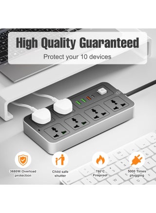 سلك تمديد INFLUX 6-Outlet 3M مع منافذ USB ونوع C، وواقي زيادة التيار ومحول متعدد المقابس، وكابل تمديد الطاقة، ومحور USB مع قابس ذكي، ومقبس، ومفتاح مثالي للألعاب مع قابس منصهر 13 أمبير - view 3