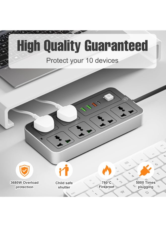 انفلكس سلك تمديد INFLUX 6-Outlet 3M مع منافذ USB ونوع C، وواقي زيادة التيار ومحول متعدد المقابس، وكابل تمديد الطاقة، ومحور USB مع قابس ذكي، ومقبس، ومفتاح مثالي للألعاب مع قابس منصهر 13 أمبير - Image 3