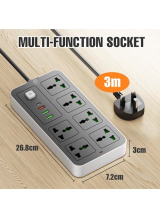 سلك تمديد INFLUX 6-Outlet 3M مع منافذ USB ونوع C، وواقي زيادة التيار ومحول متعدد المقابس، وكابل تمديد الطاقة، ومحور USB مع قابس ذكي، ومقبس، ومفتاح مثالي للألعاب مع قابس منصهر 13 أمبير - view 5