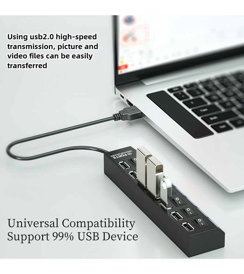 1pc High Speed USB 2.0 Hub with Individual Switches 7 Port USB Powered Expander for Drives HDD Keyboard Mouse RV Use Multi Device Hub Black - Image 2