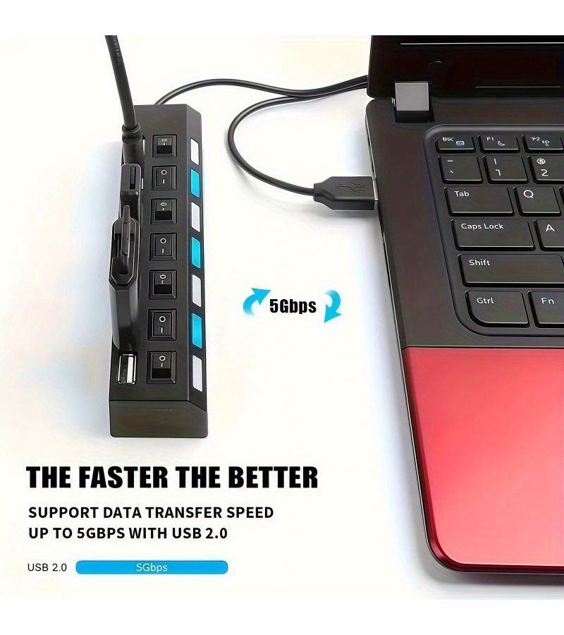 1pc High Speed USB 2.0 Hub with Individual Switches 7 Port USB Powered Expander for Drives HDD Keyboard Mouse RV Use Multi Device Hub Black - Image 5