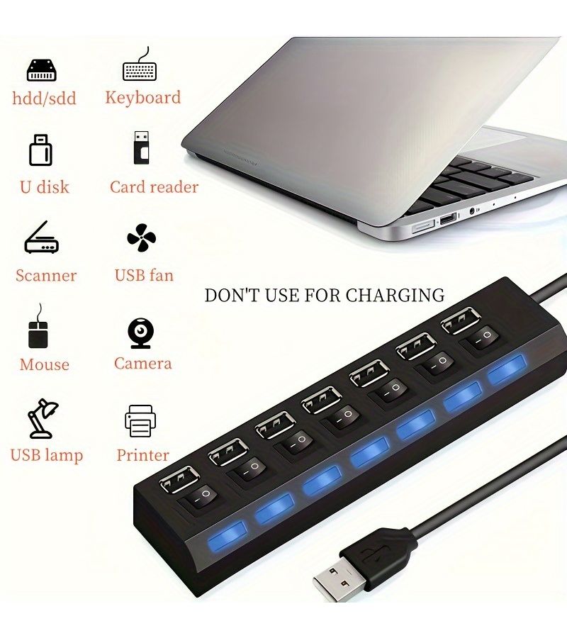 1pc High Speed USB 2.0 Hub with Individual Switches 7 Port USB Powered Expander for Drives HDD Keyboard Mouse RV Use Multi Device Hub Black - Image 1