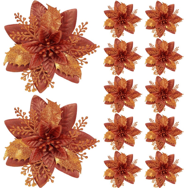 Canlierr 6.3 Inch Artificial Poinsettias Christmas Glitter Flowers with Clips Xmas Tree Flower Ornament Poinsettias Decor (Brown 12 Pieces) - Image 1
