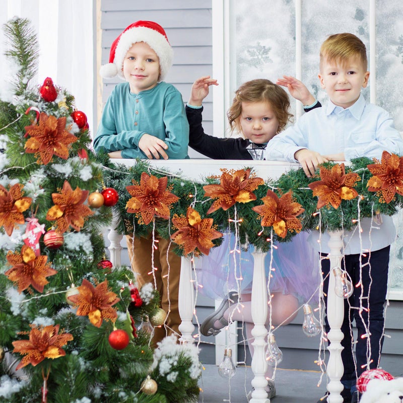 Canlierr 6.3 Inch Artificial Poinsettias Christmas Glitter Flowers with Clips Xmas Tree Flower Ornament Poinsettias Decor (Brown 12 Pieces) - Image 5