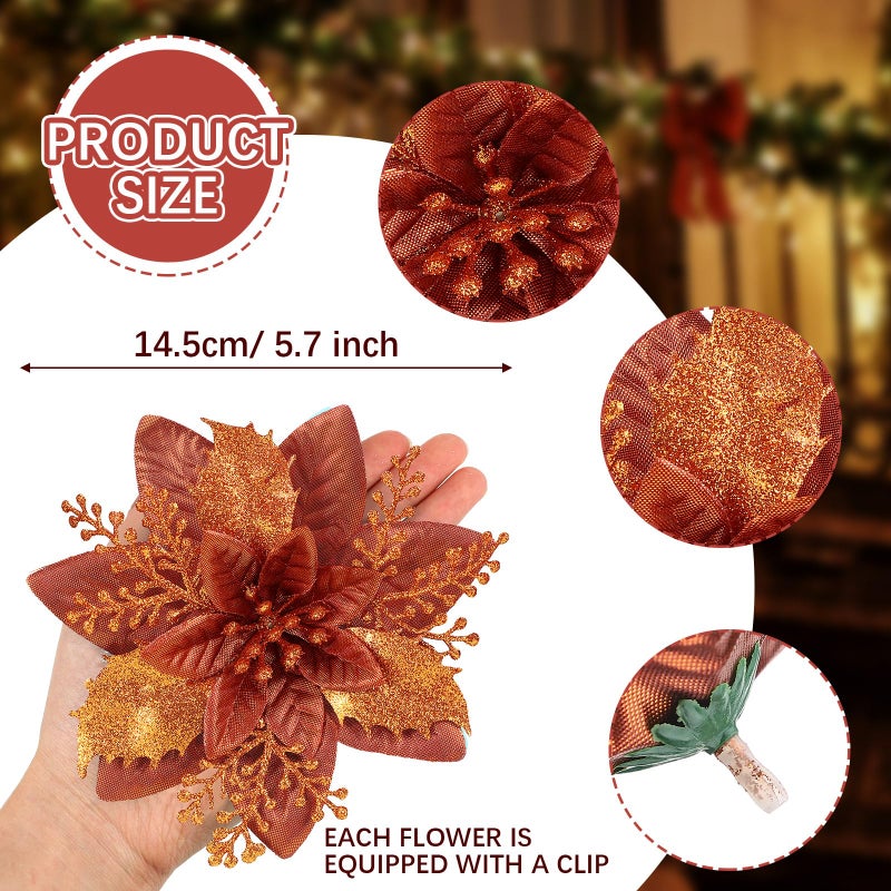 Canlierr 6.3 Inch Artificial Poinsettias Christmas Glitter Flowers with Clips Xmas Tree Flower Ornament Poinsettias Decor (Brown 12 Pieces) - Image 2