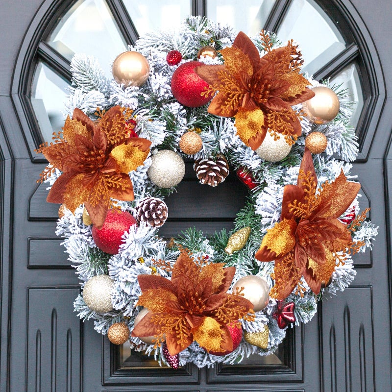 Canlierr 6.3 Inch Artificial Poinsettias Christmas Glitter Flowers with Clips Xmas Tree Flower Ornament Poinsettias Decor (Brown 12 Pieces) - Image 3