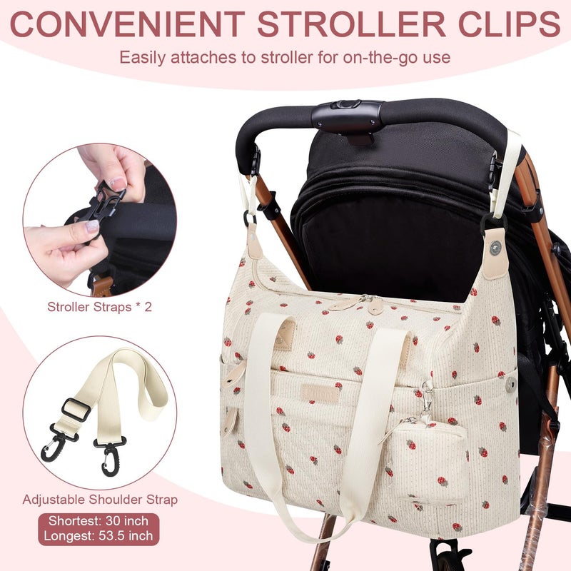 Pritent Diaper Bag Tote - Diaper Baby Bags with Pacifier Case, Shoulder Straps, Stroller Clips, Waterproof Large Mommy Maternity Travel Baby Bag for Mom and Dad, strawberry - Image 4